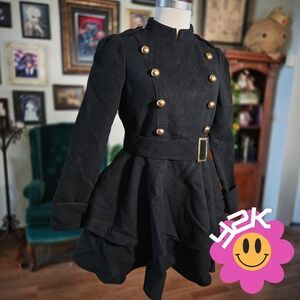 Black Military Coat Dress Vintage Y2K Wool Gold Button Fit Flare Double Breasted